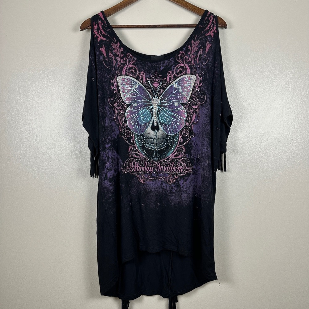 Harley-Davidson Women's XL Cold Shoulder Top Black Butterfly Skull Fringe Top